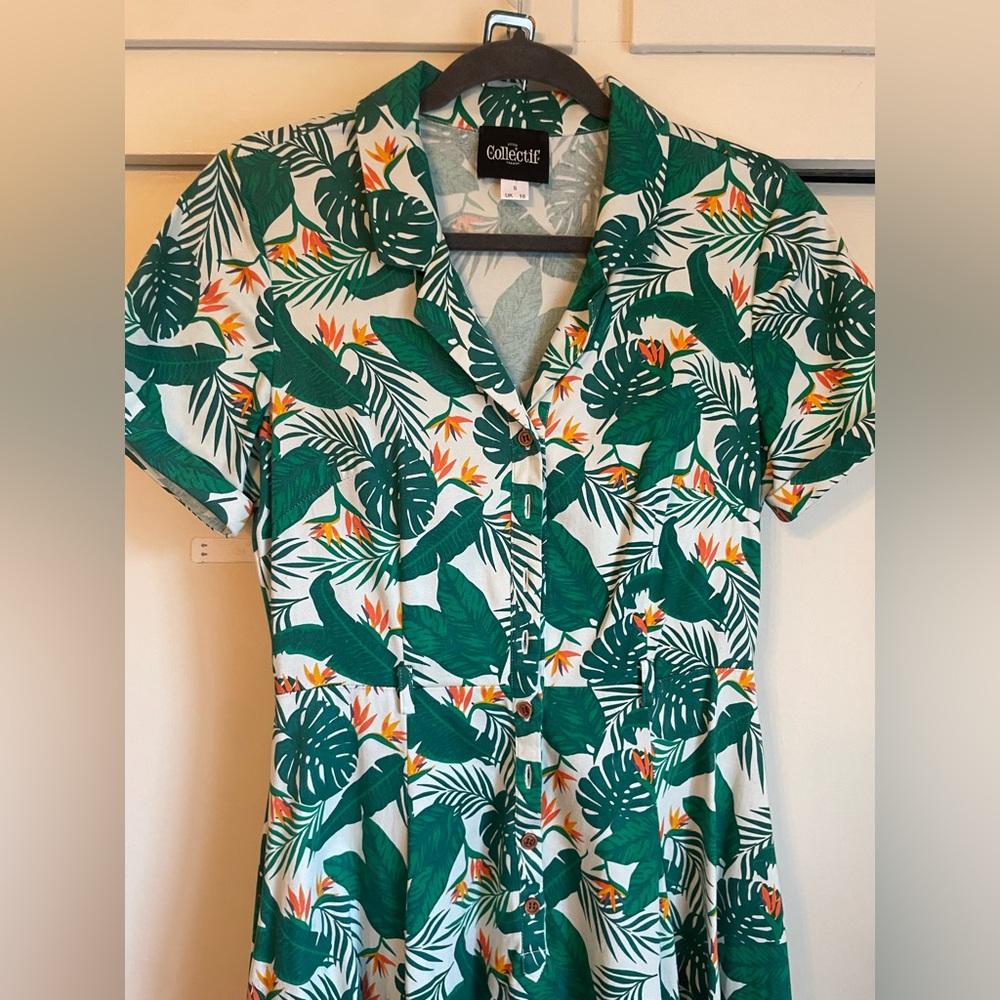 Collectif Green Tropical Print Dress S UK 10 Birds of Paradise Caterina Swing